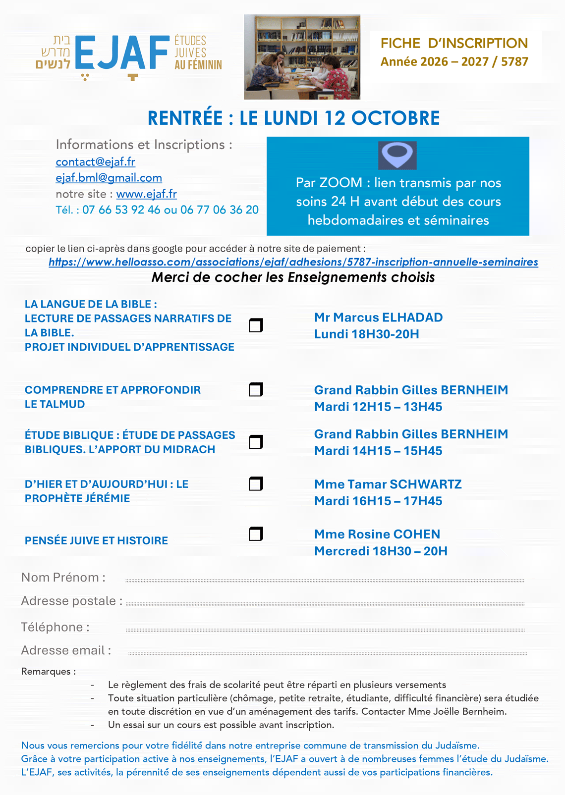 Inscription année 5787