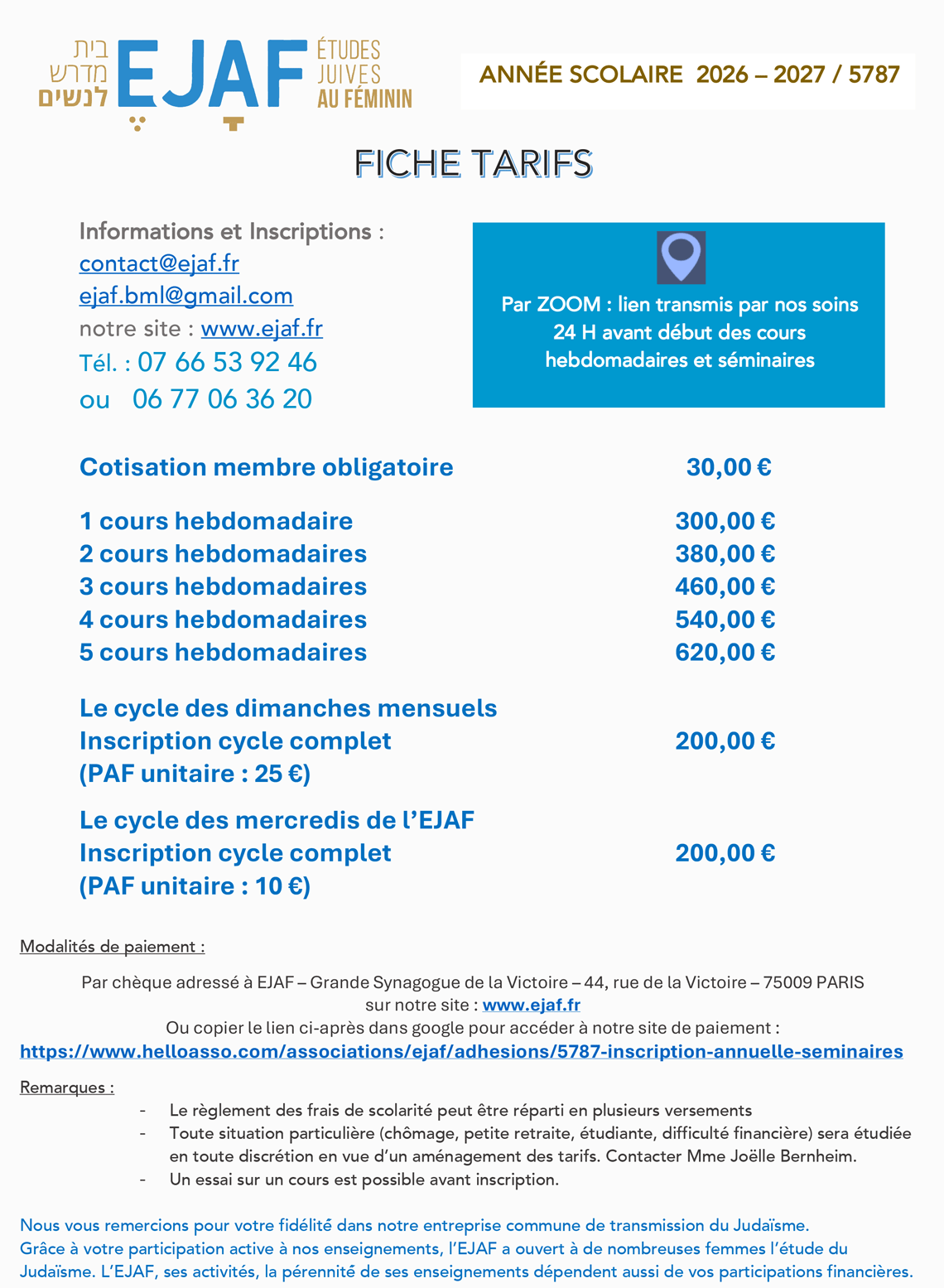 Tarifs année 5787