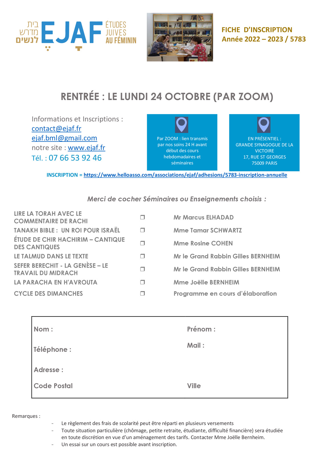 Tarif - Inscription