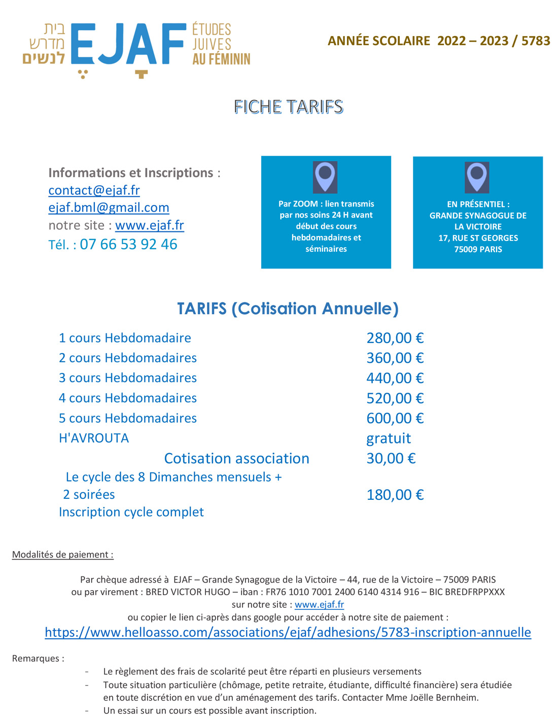 Tarif - Inscription