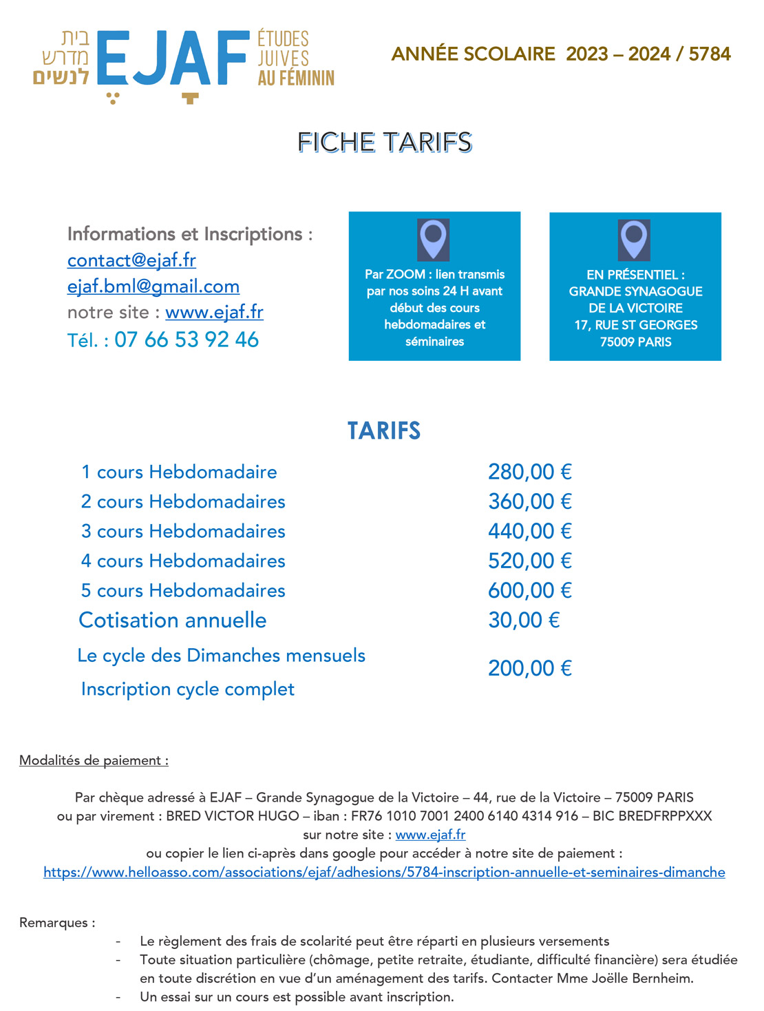 Tarif - Inscription