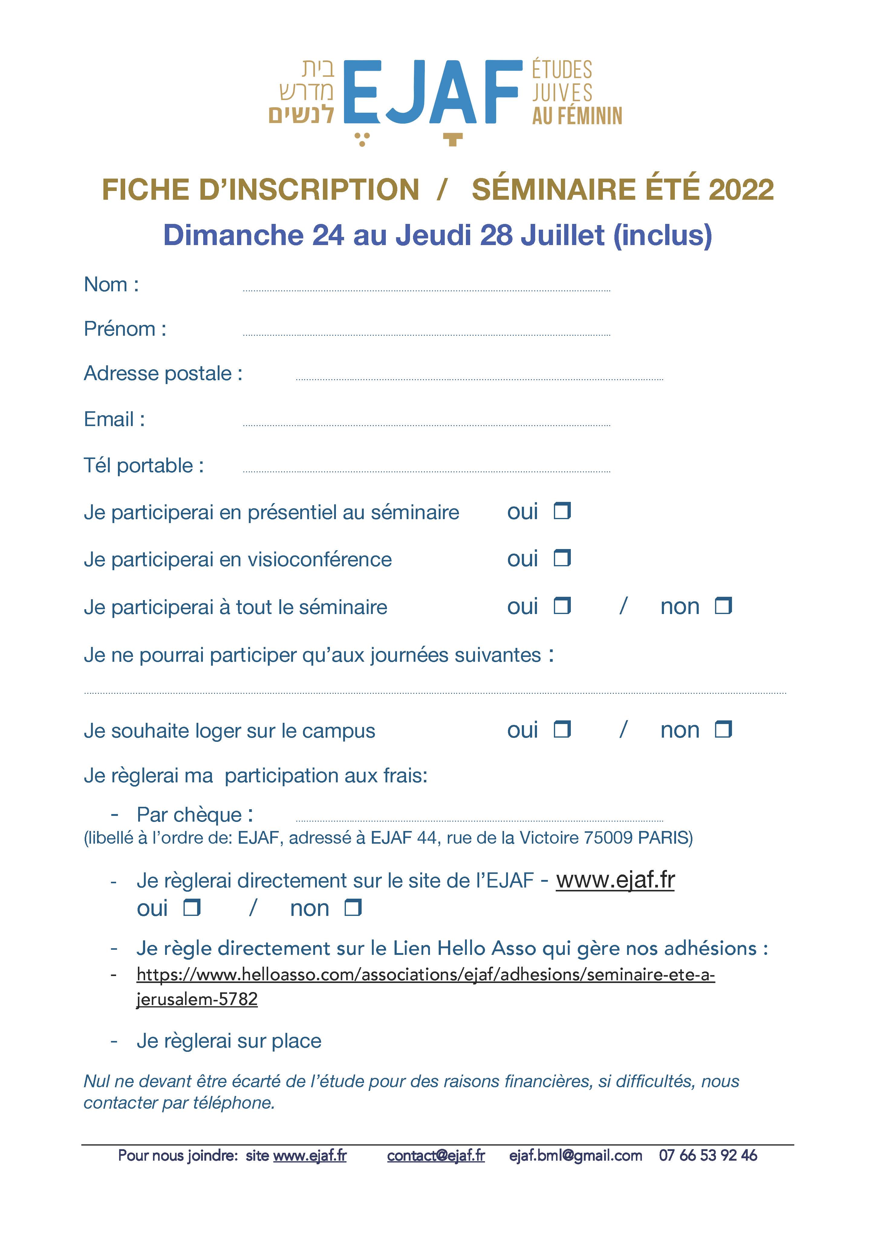 Fiche d'inscription au séminaire d'été 2022
